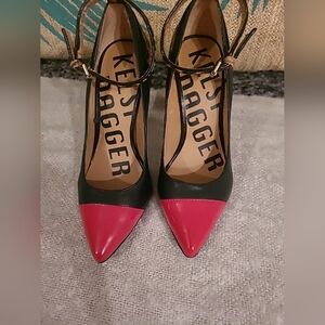 Kelsi Dagger Black Leather Red Tip Animal Hair Pumps  Size 6.5